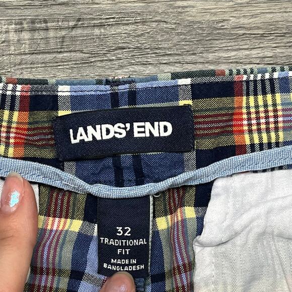 Lands End Shorts Blue Yellow Mens 32 Traditional‎ Fit Madras Plaid Flat Front - Picture 3 of 10